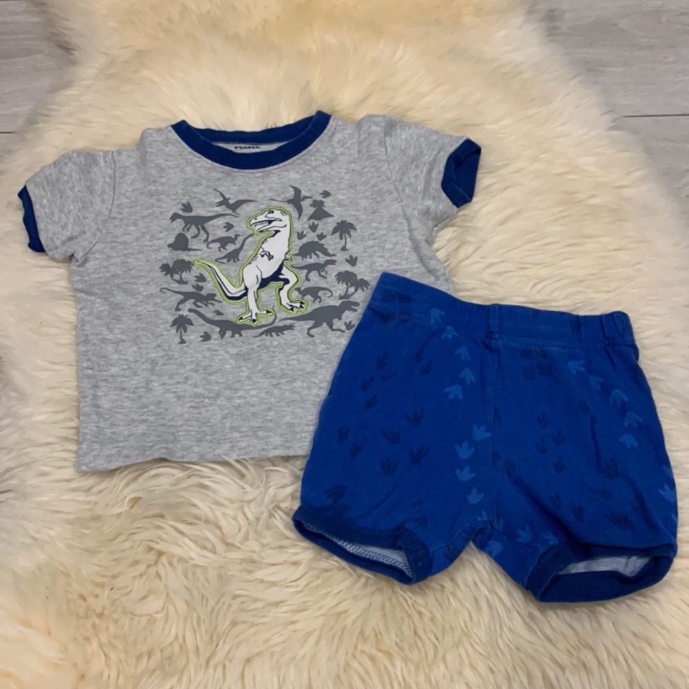 Pekkle Two Piece Dinosaur Shorts & T-Shirt Pajama Set in Gray/Blue in 2/3T